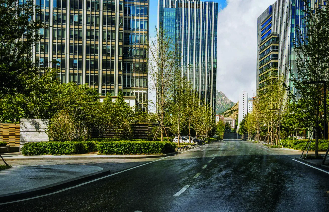 Open road through a modern city