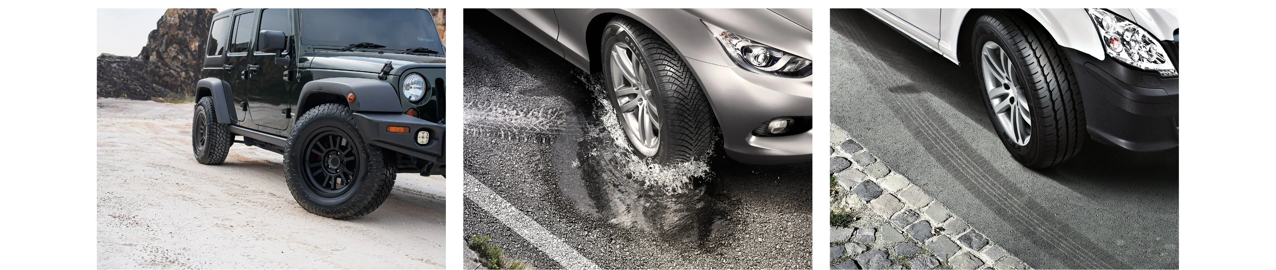 Laufenn tires on Jeep, sedan in wet conditions, and SUV on cobblestones